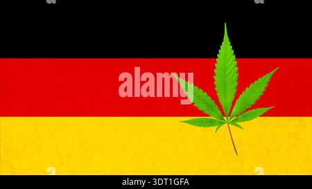 Foglia di canapa di cannabis su sfondo di colori della bandiera nazionale tedesca. Concetto di legalizzazione della cannabis in Germania. Foto Stock