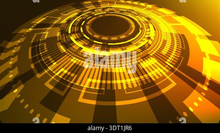 Elementi HUD dorati e anelli di dati circolari del mondo della tecnologia digitale futuristica si illuminano intensamente su un vibrante sfondo color ambra innovazione ad alta velocità Illustrazione Vettoriale