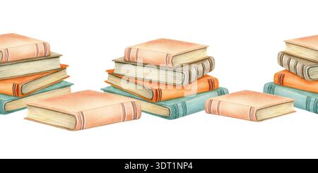 Pila di libri una vecchia copertina, pagine gialle bordo senza cuciture. Set di letteratura, mucchio di libri di testo per l'istruzione. Bestseller di Encyclopedia. Acquerello Foto Stock