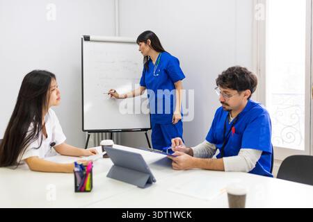 Un team medico diversificato, tra cui medici e infermiere, è impegnato in una riunione di collaborazione. Il team sta discutendo le strategie di assistenza ai pazienti in un bricco Foto Stock