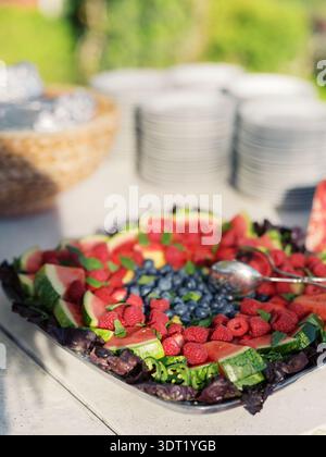 Vassoio di frutta con frutti di bosco freschi e anguria Foto Stock