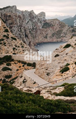 Strada tortuosa attraverso le scogliere a Cap de Formentor, Maiorca Foto Stock