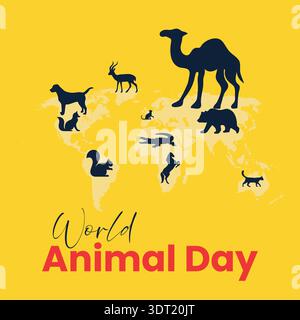 Poster giallo brillante con sagome scure di animali su una mappa del mondo, promuovendo la giornata mondiale degli animali con un titolo rosso audace. Illustrazione Vettoriale