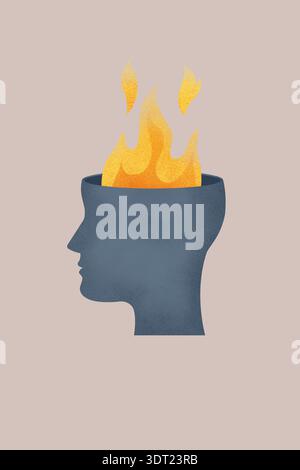 Illustrazione astratta di un profilo blu di una testa umana con fiamme che esplodono dall'alto, simboleggiando creatività, passione o intensità Foto Stock