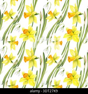 Fiori primaverili bianchi e gialli acquerelli, motivo senza cuciture con primrose disegnate a mano, narcisi, gocce di neve, illustrazione primavera-Pasqua, s Foto Stock
