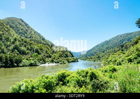 Buller Gorge in nuova Zelanda, caratterizzata da lussureggianti colline verdi e montagne su entrambi i lati di un fiume. Foto Stock