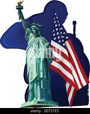 Illustrazione vettoriale che combina la bandiera americana, una silhouette da soldato e la Statua della libertà. Illustrazione Vettoriale