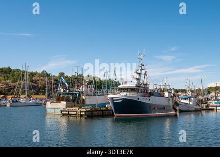 Peschereccio commerciale ormeggiato nel porto di Grebbestad con porticciolo e litorale sullo sfondo, Bohuslän, Svezia Foto Stock
