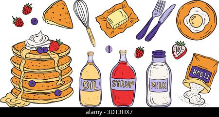 Colazione con frittelle dolci cucinando gli ingredienti nel set di vettoriali in stile boodle retrò Illustrazione Vettoriale