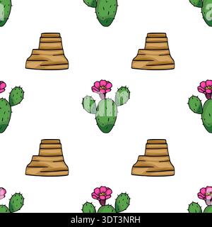 Motivo vettoriale senza cuciture di cactus in fiore e formazioni rocciose del deserto con uno stile divertente e disegnato a mano. Illustrazione Vettoriale
