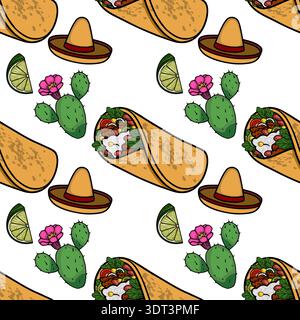 Schema vettoriale perfetto di cibo messicano ed elementi culturali, con tacos, sombrero, limes e cactus. Illustrazione Vettoriale