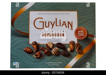 Grande scatola di cioccolatini Guylian Belgian Deluxe su sfondo bianco - cioccolatini belgi di prima qualità Foto Stock