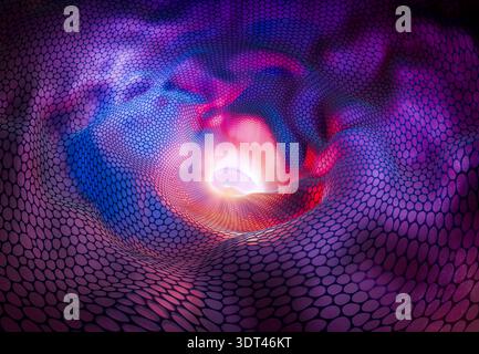Rendering 3D della struttura astratta del tunnel del nanocarbonio con superficie rossa futuristica Foto Stock