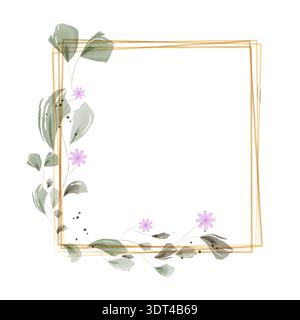 Eleganti linee dorate formano una cornice quadrata, adornata da delicate foglie di verde acquerello e delicati fiori viola. Illustrazione Vettoriale