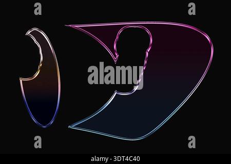 Arte digitale astratta con due forme metalliche con contorni al neon rosa, viola e blu su sfondo nero. Foto Stock