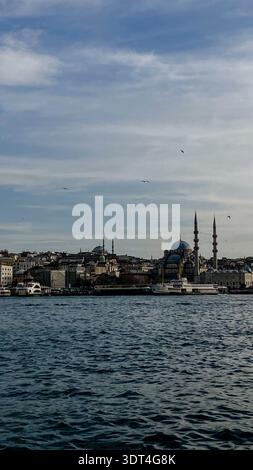 Vista attraverso l'acqua verso la Nuova Moschea Yeni Cami e il lungomare storico di Eminonu con traghetti e gabbiani sotto un cielo nuvoloso a Istanbul Foto Stock