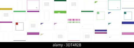 Ripulisce il motivo geometrico astratto su sfondo bianco con vari quadrati, rettangoli, triangoli e punti colorati. Illustrazione Vettoriale