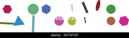 Vivaci forme geometriche solide (cerchi, esagoni, triangoli, linee) in vari colori sparsi su uno sfondo bianco. Illustrazione Vettoriale
