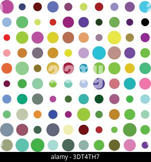 Motivo astratto di diversi pois colorati in varie dimensioni disposte su uno sfondo bianco pulito. Illustrazione Vettoriale