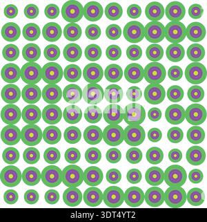 Pattern geometrico dinamico con cerchi concentrici di varie dimensioni in verde brillante, viola audace e giallo solare su uno sfondo bianco pulito. Perfetto per Illustrazione Vettoriale