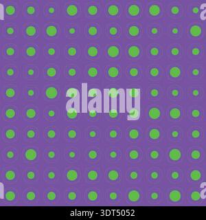 Motivo geometrico dinamico caratterizzato da cerchi e quadrati verdi luminosi su un vivace sfondo viola. Perfetto per design moderni e arte digitale. Illustrazione Vettoriale