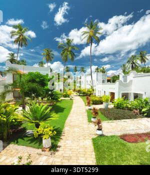 Vista aerea del resort tropicale con ville bianche e palme Foto Stock