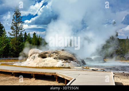 Il geyser Grotto rilascia vapore e acqua al parco nazionale di Yellowstone nel Wyoming durante una giornata di sole. Foto Stock