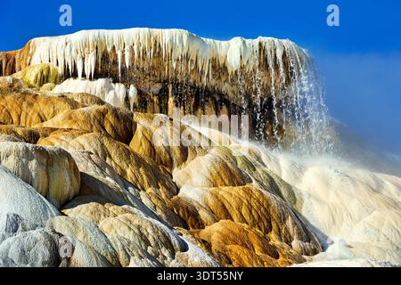 Cascate d'acqua sulle terrazze minerali alle sorgenti termali Mammoth di Yellowstone. I visitatori possono vedere formazioni rocciose e sorgenti termali uniche. Foto Stock