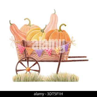 Carro per il raccolto autunnale con zucche e caramelle, illustrazione disegnata a mano Foto Stock
