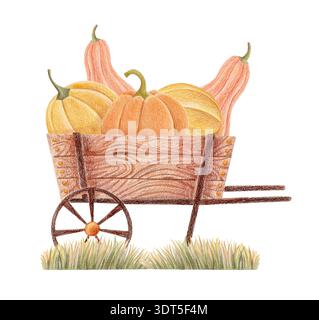 Carro per il raccolto autunnale con zucche e caramelle, illustrazione disegnata a mano Foto Stock