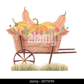 Carrello per il raccolto autunnale con zucche e caramelle, illustrazione disegnata a mano Foto Stock