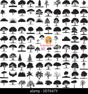 100 diverse collezioni di icone vettoriali di sagoma ad albero. Include varie forme decidue, conifere, palme e arbusti. Realizzato in tinta unita nera Illustrazione Vettoriale