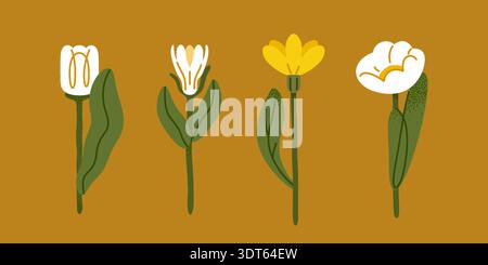 Set di quattro fiori stilizzati in stile grafico piatto. Il caldo sfondo di senape con fiori bianchi e gialli crea un moderno aspetto botanico popolare. Pulire S Illustrazione Vettoriale