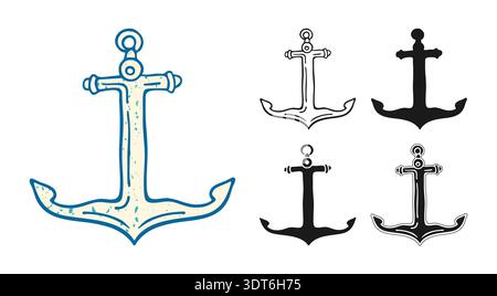Ancora illustrazione vettoriale modelli disegnati a mano incisione vintage, grafica a linee grunge e audace silhouette nera. Simbolo nautico marino disegnato con linee a inchiostro, atmosfera marinara vintage, look monocromatico Illustrazione Vettoriale