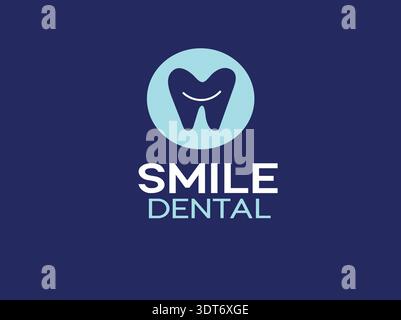 Il moderno logo minimalista della clinica dentale presenta un'icona del dente stilizzata con un sottile sorriso su uno sfondo blu scuro che rappresenta l'orea Illustrazione Vettoriale