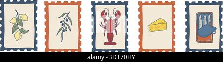 Un set decorativo di illustrazioni di francobolli postali con icone del cibo italiano: Pesce, antipasto, formaggio, vino, limoni e dettagli culinari sul mare. Illustrazione Vettoriale