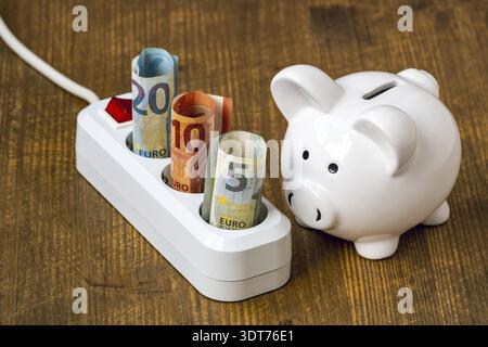 Concetto di elettricità, crisi energetica e consumo energetico: Primo piano tra la banca dei piggy e il cavo di prolunga elettrico con la valuta dell'euro Foto Stock