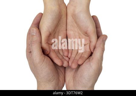 Palme adulte che tengono le mani del bambino. Cura e amore Foto Stock