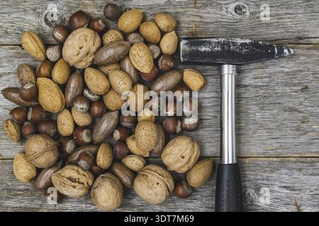 Martello e mucchio di vari dadi su fondo di legno. Le noci sono un alimento sano e nutriente Foto Stock