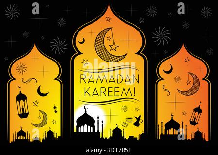 Banner Ramadan Kareem con moschea e Lanterne su sfondo dorato - illustrazione vettoriale Illustrazione Vettoriale