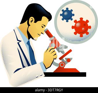 Scienziato retrò che studia i virus sotto il microscopio Illustrazione Vettoriale