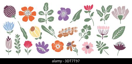 Collezione di fiori e foglie piatte stilizzate Illustrazione Vettoriale