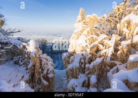 Vista mozzafiato dalla scogliera delle cascate di Valaste che si affaccia sulla costa ghiacciata del Mar Baltico con alberi ricoperti di ghiaccio e neve. Foto Stock