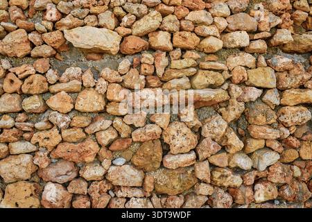 Primo piano di un'antica parete di grandi pietre naturali di forma irregolare. Texture dettagliata di pietra in calde tonalità terrose con una superficie ruvida. Foto Stock