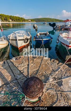 Piccole barche da pesca e imbarcazioni da diporto ormeggiate su un molo roccioso con corde e tacche, riflesse in acque turchesi cristalline sotto un cielo soleggiato accanto al pino Foto Stock