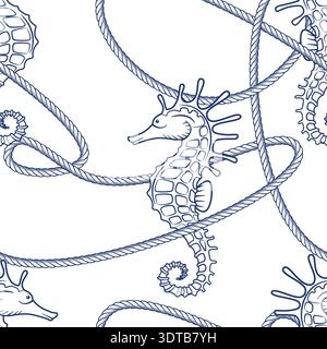 Motivo vintage nautico senza cuciture con anello, corda a nodo e cavalluccio marino. Disegno vettoriale disegnato a mano raffigurante il cavallino marino. Sfondo del viaggio in mare. Fash Illustrazione Vettoriale