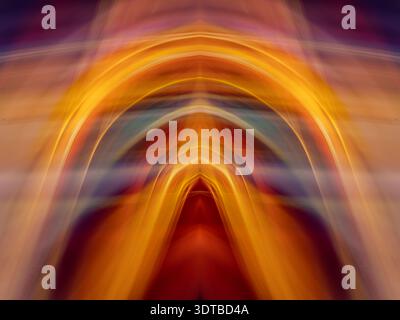 Un'opera d'arte astratta digitale caratterizzata da vivaci e sovrapposti percorsi di luce gialla e arancione che formano linee fluide e curve contro un dorso scuro e sfocato Foto Stock
