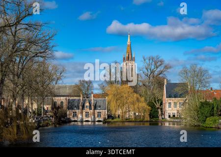 Bruges, Belgio - 14 febbraio 2026: Vista del lago Minnewater con la storica torre Sashuis e la chiesa di nostra Signora che si erge sopra le case medievali i Foto Stock