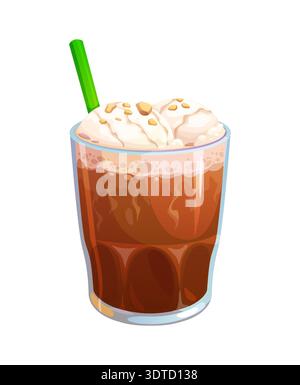 Caffè Frappe o bevanda fredda da dessert in tazza di vetro con cannuccia da bere, vettore di cartoni animati. Caffè ghiacciato Frappe o bevanda dolce cappuccino freddo con Illustrazione Vettoriale
