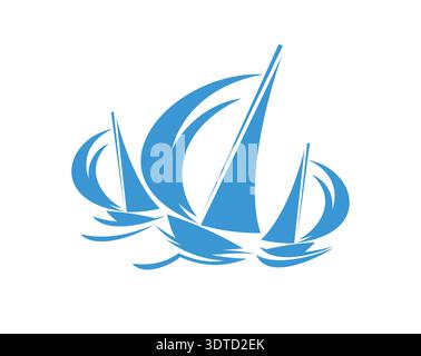 Icona dello sport nautico, tre barche a vela da corsa in movimento. Emblema del club di regata vettoriale con barche a vela blu sulle onde del mare. Etichetta marina, simbolo del lavoro di squadra, Illustrazione Vettoriale